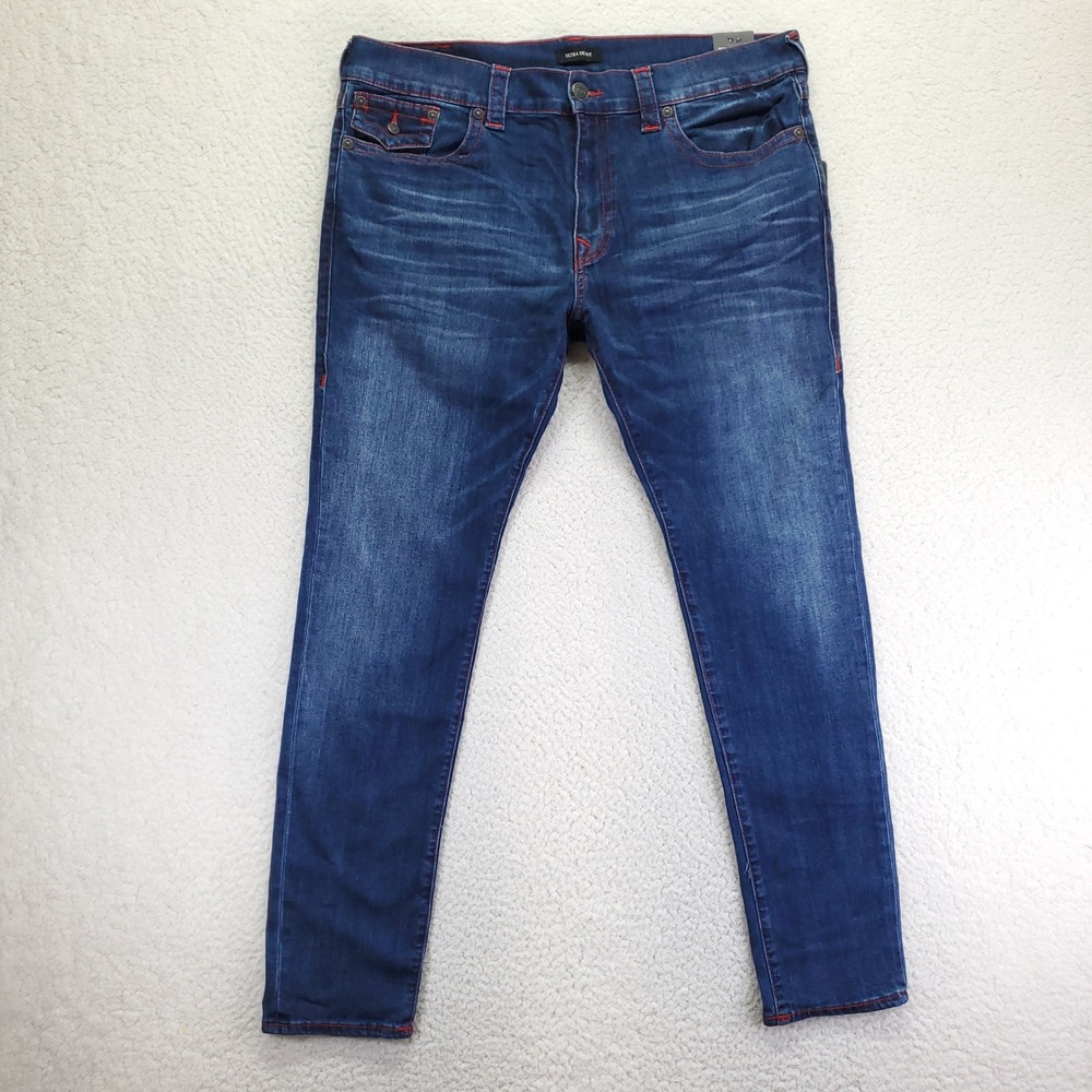 True Religion Ultra Skinny Blue Indigo Jeans Red Contrast Stitch W38 L32 NEW